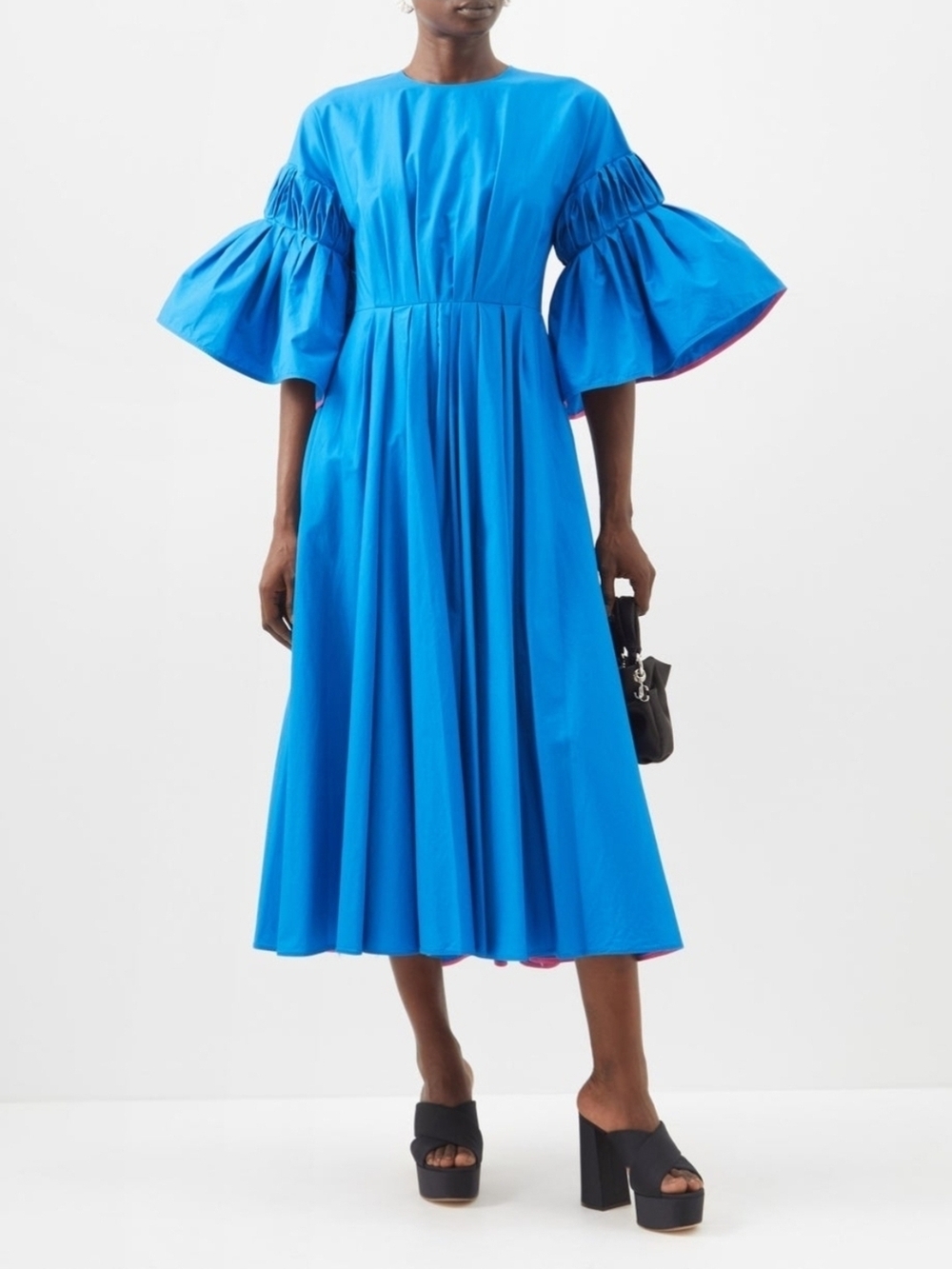 Roksanda Cobalt Blue Pleated w/ Pink Trim | N Bell-Sleeve NWT Midi Dress Size 4 - Picture 2 of 16